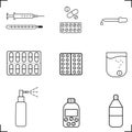 Medicine drugs and pills: vector icon set, monochrome kit Royalty Free Stock Photo